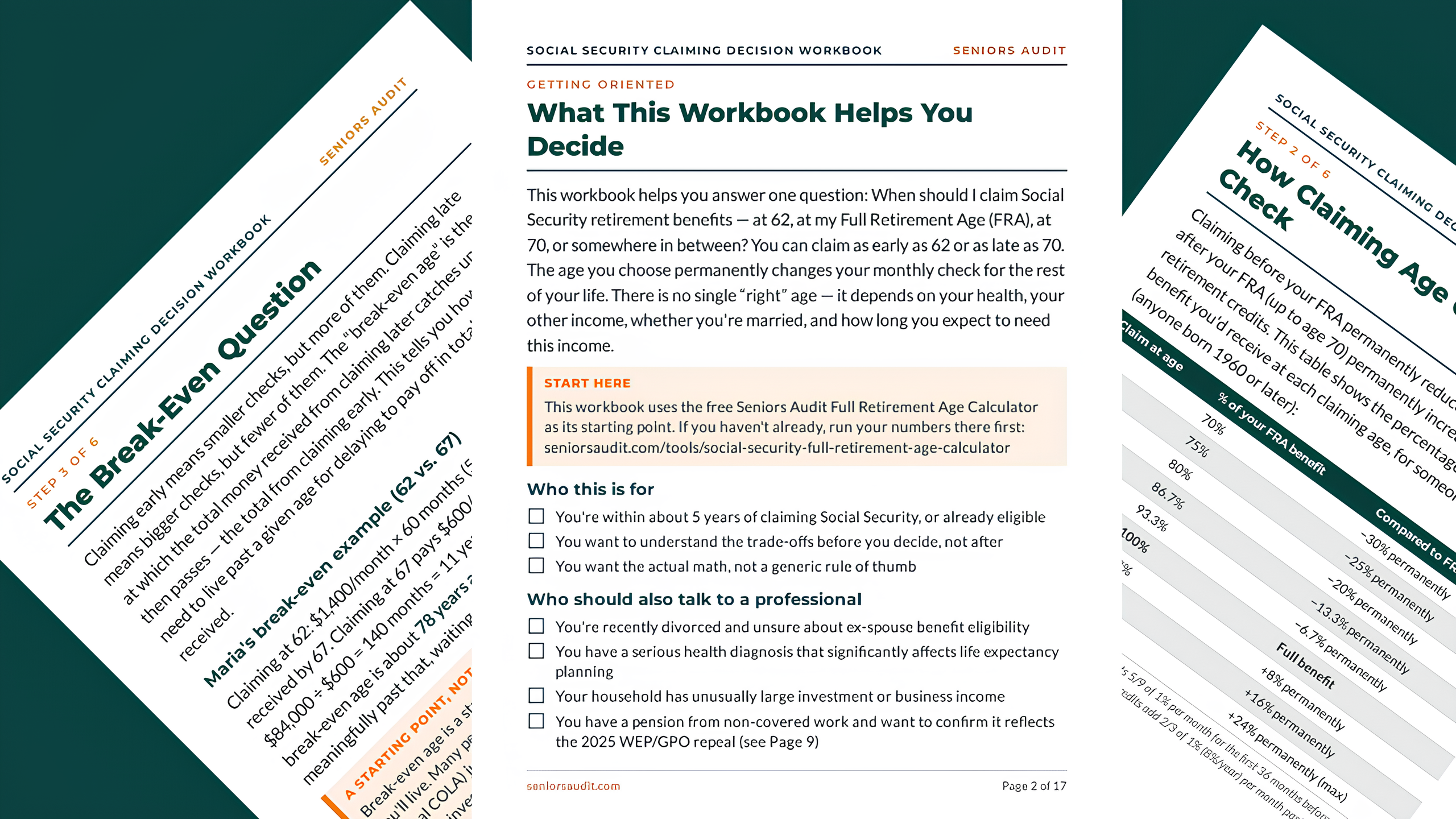 Social Security Claiming Decision Workbook interior pages showcase preview